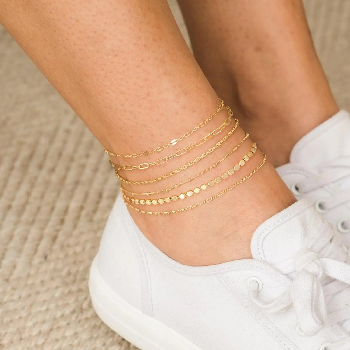FREEKISS Waterproof Ankle Bracelets For Women 6PCS Thiny Herringbone Box Paperclip Bead Figaro Cuban Link Anklet Set Dainty Jewelry For Women Cute Summer Beach Jewelry Chains Beaded anklet Layers Textured