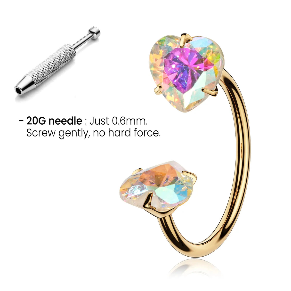 20G Titanium Heart Gems Horseshoe Nose Ring Free Auxiliary Tool Ball Holder Included - Piercing Jewelry