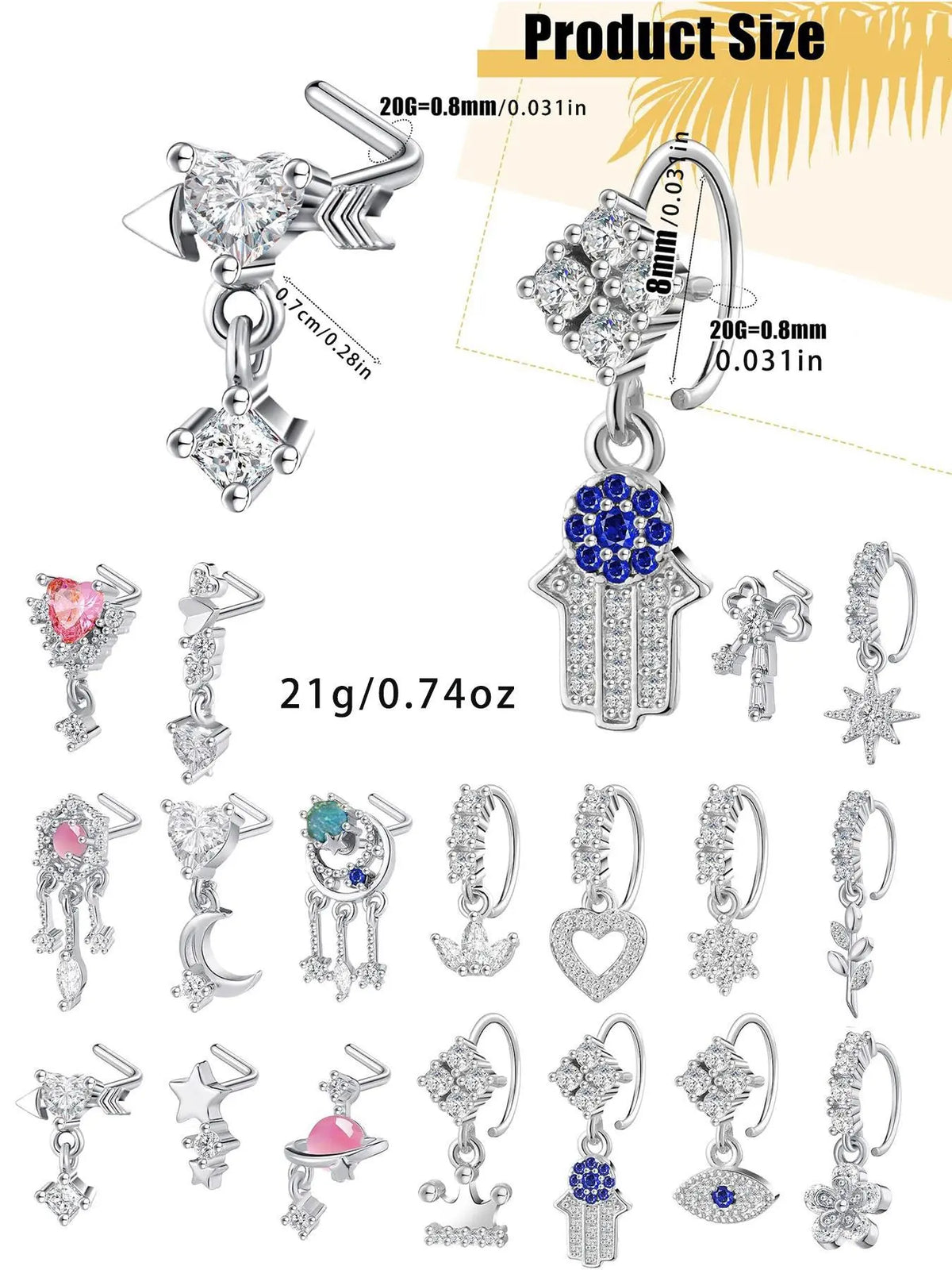 Heart & Star Design Nose Rings, L Shaped Stud Nose Piercing Jewelry, Fashion Body for Women & Girls, Spiral Nose Ring, Nose Rings Studs, Nose Rings Set, Body Jewellery