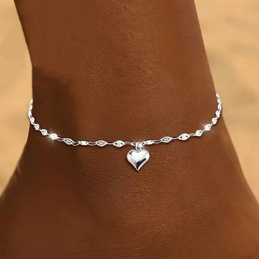Women's Adjustable Stainless Steel Anklet Chain - Boho Love Heart Pendant, Minimalist Casual Beach Foot Accessory for Summer Vacation, Elegant Barefoot Stainless Steel Jewelry, Sohochic