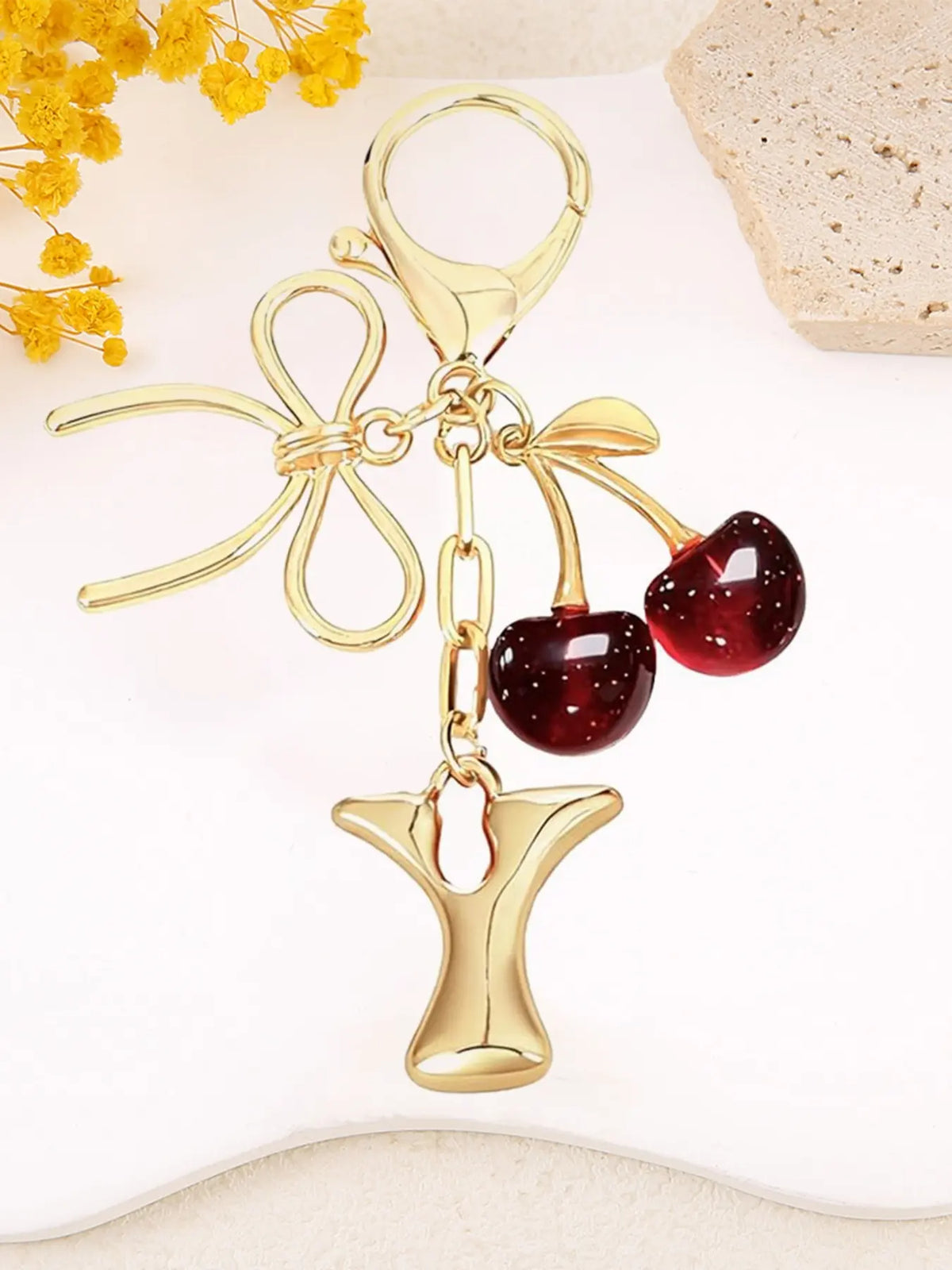 Women's Cherry Bow Letter Pendant Keychain, Cherry Design, Bow Accent, Casual Style Wallet, Handbag and Backpack Accessory, Keychain for Bags, Car Keychain for Students, Cherry Bow Keychains
