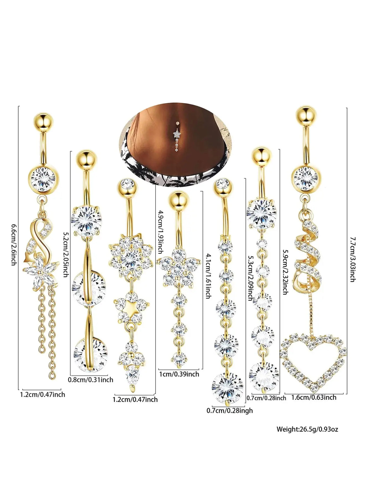 Women's Elegant Rhinestone Flower and Heart Belly Rings, Exquisite Trendy Belly-Piercing Jewelry for Party and Everyday Wear, Fashion Body Jewelry, Body Jewellery
