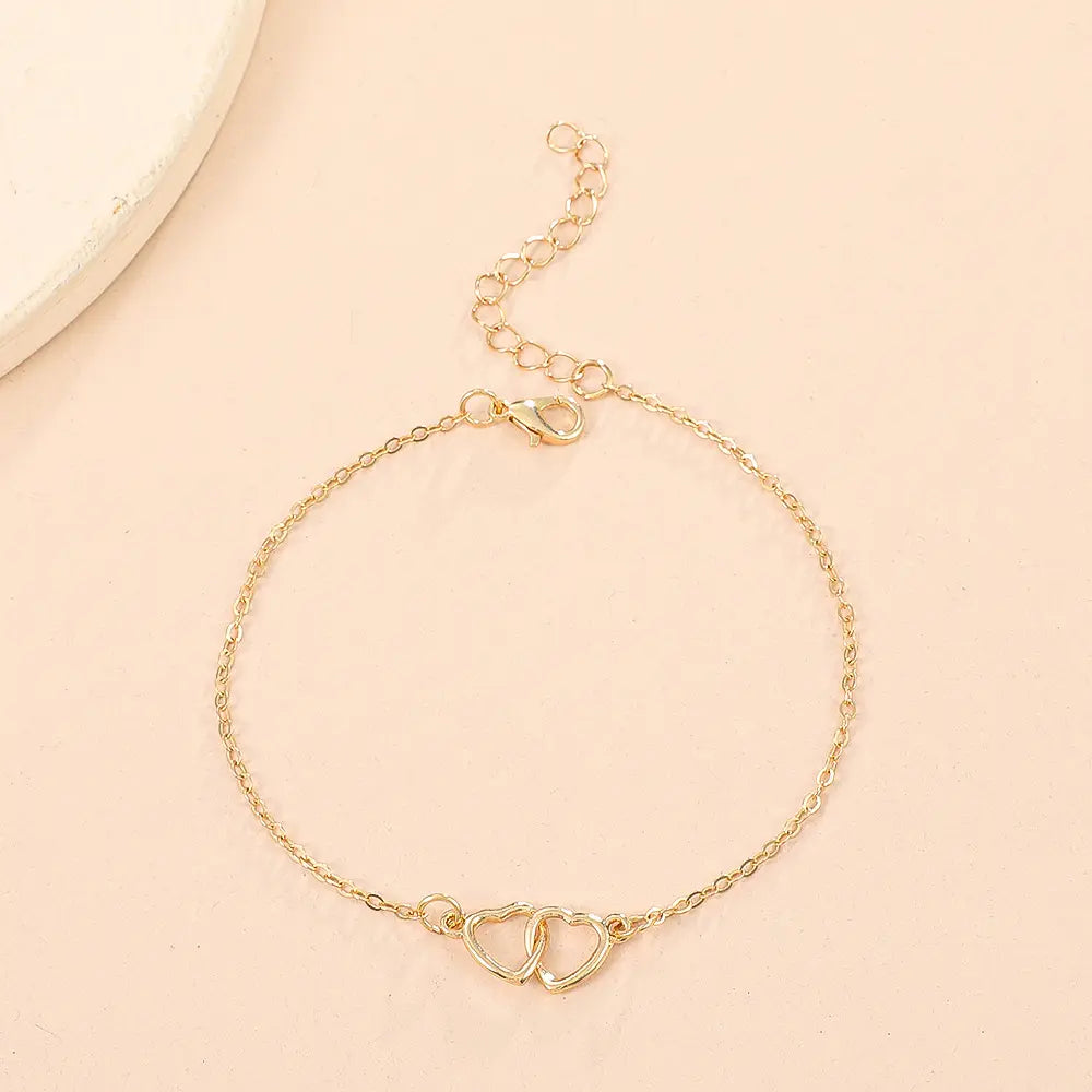 Women's Adjustable-Length Hollow Heart Double Love Artificial Gemstone Anklet - Cute Girly Aesthetic Chain Jewelry for Daily Accessorizing, Heart Artificial Gemstone Bracelets & Anklets