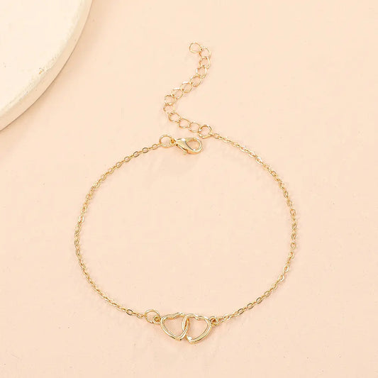 Women's Adjustable-Length Hollow Heart Double Love Artificial Gemstone Anklet - Cute Girly Aesthetic Chain Jewelry for Daily Accessorizing, Heart Artificial Gemstone Bracelets & Anklets