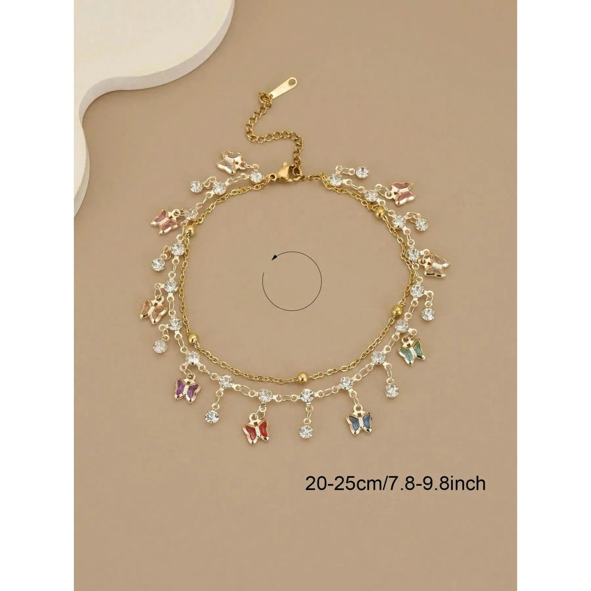 Women's Boho Layered Charm Anklet - Gold-Coated Metal Dainty Sparkling CZ Ankle Bracelet with Colorful Butterflies, Female Wear Fashion Chic Accessories with Boho Ankle Layers & Handmade Variation for Beach Weddings Summer
