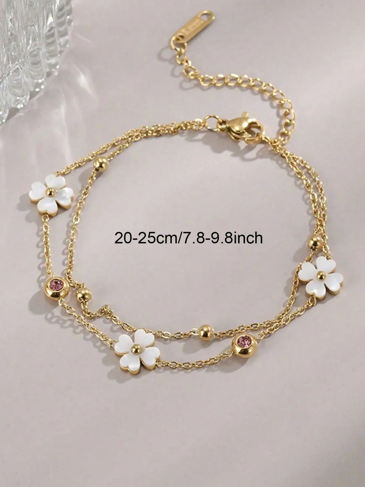 1pcs Women Dainty Double Layer Ankle Bracelet White Shell Four Petal Flower Anklet with Pink and White CZ Beads Adjustable Chain Summer Beach Foot Jewelry Trendy Jewelry Boho Style Jewelry Gift for Her Boho Anklet