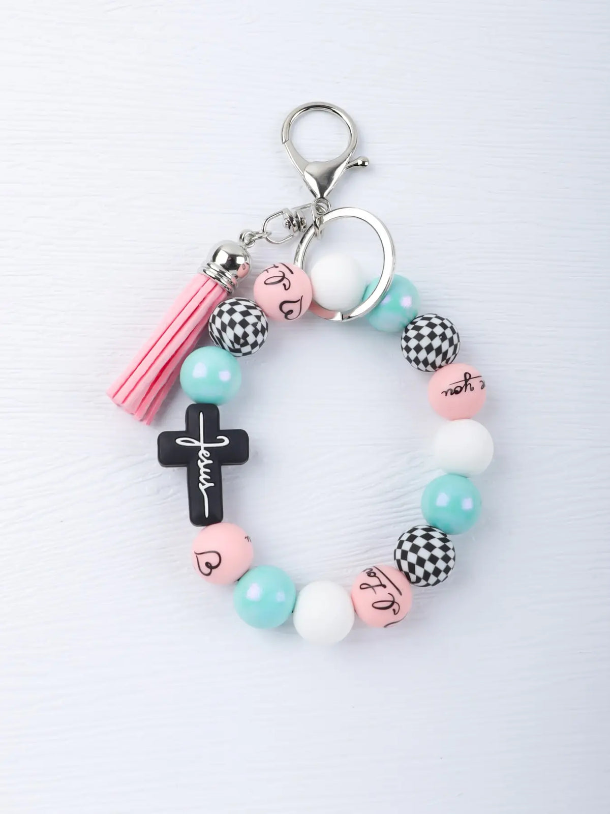 Macaron Cross Beaded Bracelet Keychain, Cute Keychains, Matching Tassel Pendant, Soft Beads Design, Perfect Gift for Friends and Mom, Easter and Thanksgiving Gifts