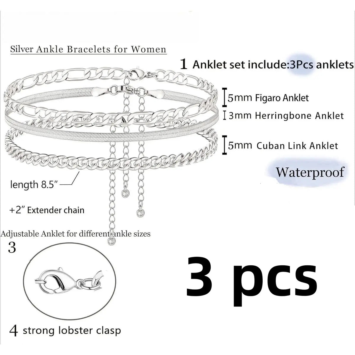 Women's 3-Piece Silver Layered Anklets Set - Waterproof Cuban Links, Figaro & Herringbone Chains, Hypoallergenic Skin-Safe Metals, Adjustable 8.5-11 in, Daily Wear with Style Beachwear Jewelry for Females
