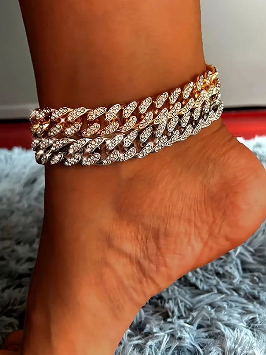 Rhinestone Decorated Cuban Chain Anklet for Women & Girls, Fashion Jewelry for Party, Daily Clothing Decor, Trendy All-match & Exquisite Jewelry for Birthday Gift, Trendy Jewellery Accessories, Trendy Fashionable Accessories, Fashion Cool Accessories