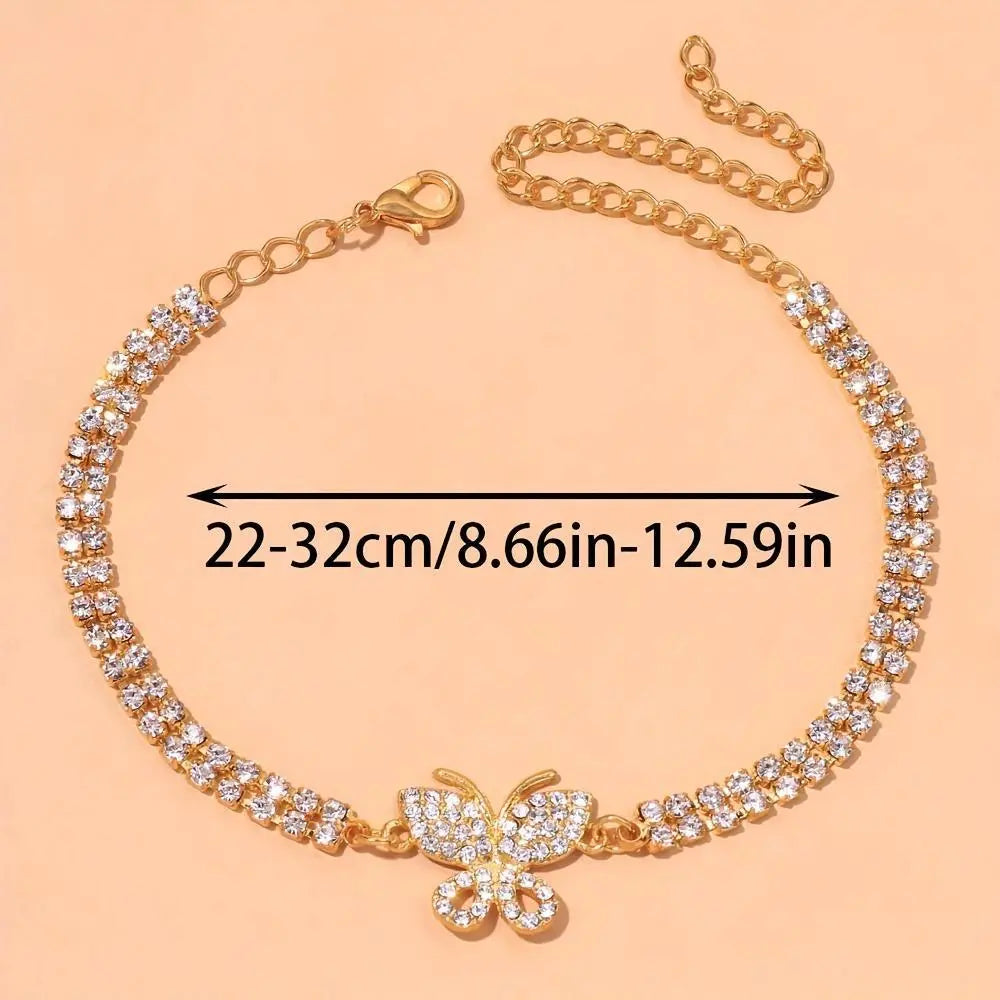 Women's Full-Drill Rhinestone Butterfly Anklet - Synthetic Alloy Geometric Claw Chain, Soldered Setting, Stainless Metal Coating, Elegant Casual Luxury Chain Jewelry Anklets for Daily Wear, Ideal Gift Accessory, Non-Customized