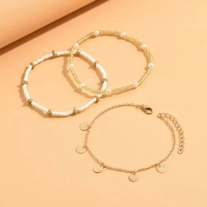 3Pcs Bohemian Rice Beads Anklet Set Multi-layer Ethnic Adjustable Handmade Seed Bead Women Ankle Chain Metal Round Piece Drop Foot Jewelry Vacation Travel Beach Bracelet Jewelry Stackable Foot Chain Set