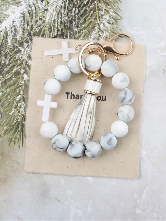 Macaron Cross Beaded Bracelet Keychain, Cute Keychains, Matching Tassel Pendant, Soft Beads Design, Perfect Gift for Friends and Mom, Easter and Thanksgiving Gifts