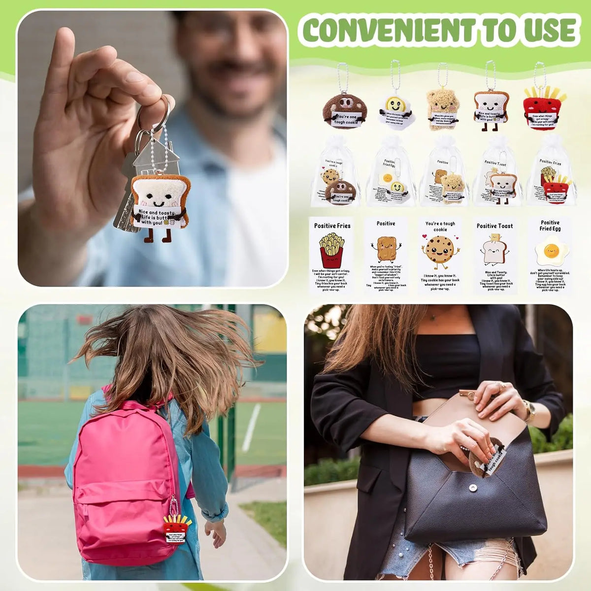 30 Sets Mini Plush Food Keychains with Motivational Pun Gift Cards - 10/24/30 Pack Mini Gifts, Inspirational Backpack Charms, Organza Bag-Included Pocket Favors, Classroom Rewards, Composition Notebook-Friendly Coworker Party Supplies, Cookie