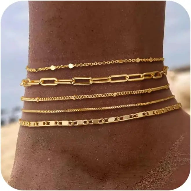 FREEKISS Waterproof Ankle Bracelets For Women 6PCS Thiny Herringbone Box Paperclip Bead Figaro Cuban Link Anklet Set Dainty Jewelry For Women Cute Summer Beach Jewelry Chains Beaded anklet Layers Textured
