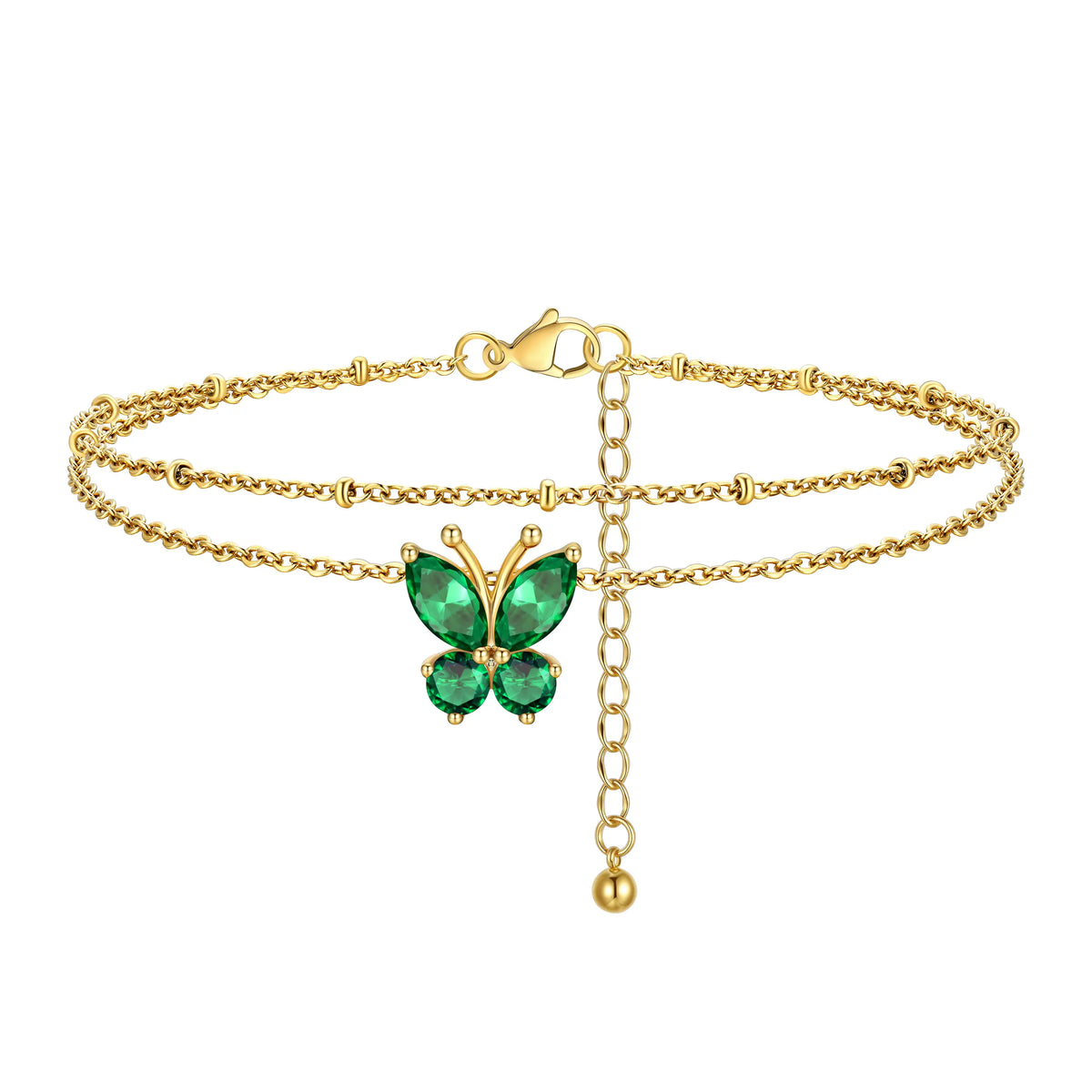 FindChic Women's Trendy Fashionable Accessories 2-Layered Non-Tarnish Tarnish-Proof Butterfly Birthstone Anklet, Zircon-Inlaid Cubic Zirconia Bling Jewellery for Adults, Summer Beach Daily Gift Ankle Bracelet