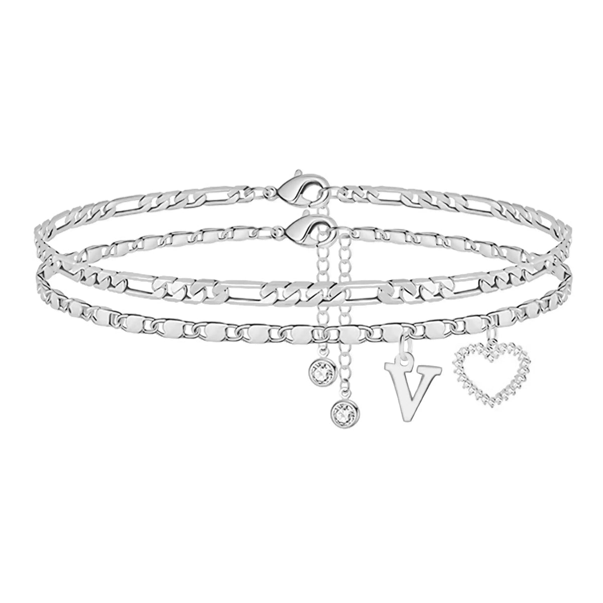 Women's Personalized Initial Alphabet Theme Anklet - Double Layer Gold Metal Coating Heart Charm, Adjustable Dainty Minimalist Stackable Chain, Aesthetic Alt Fashion Jewelry, Holiday Gift Idea, Fashion Accessories