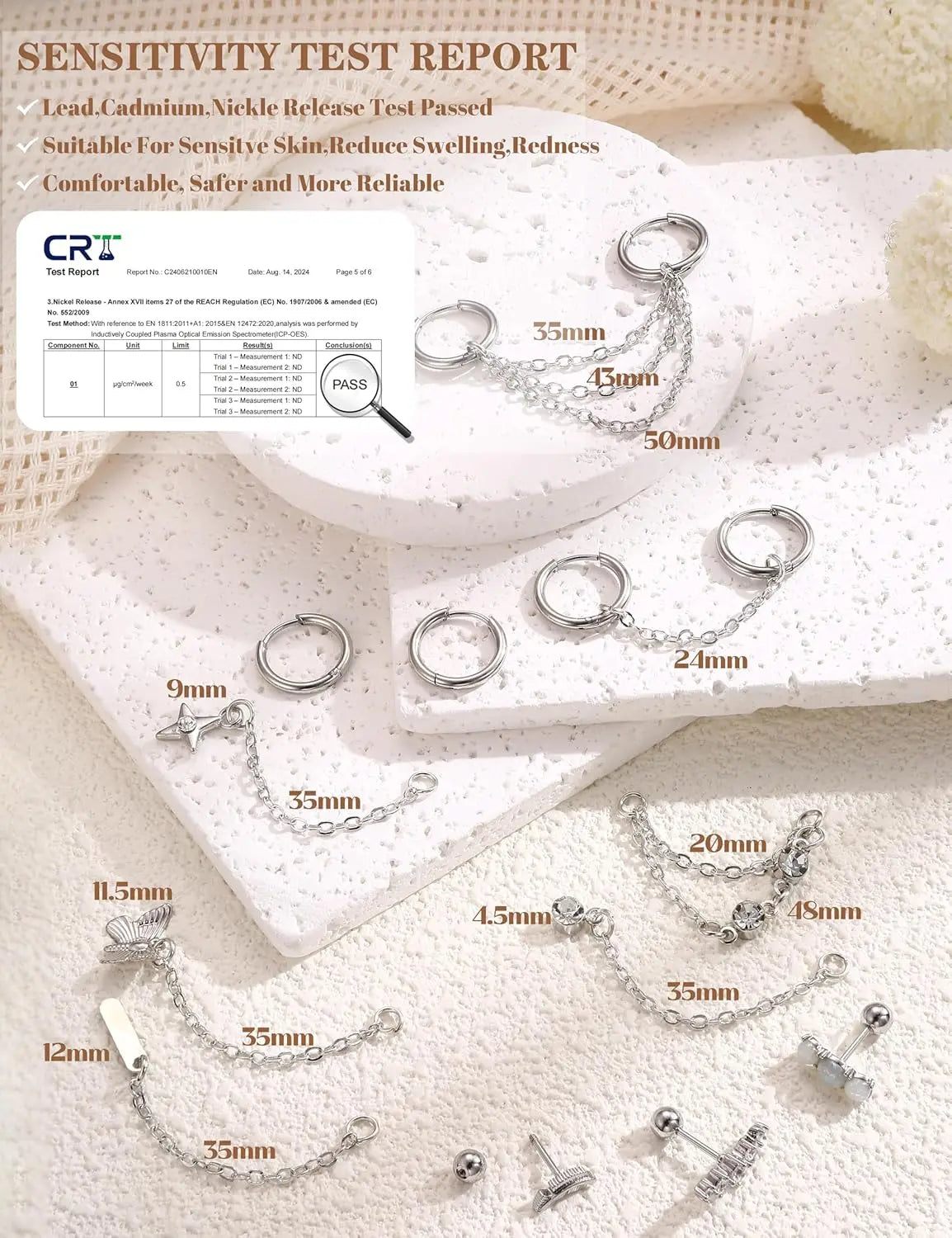 LOLIAS Women's 33Pcs 20G Surgical Steel Cartilage Earring Set - Hypoallergenic Flat Back/Push Back Studs, Hoops, 7 Chain Dangles, Trendy Iridescent Chain, CZ Opal Jewelry for Conch Piercings, Earring Stack, 10mm, Birthday Gift, Body Piercing Kit