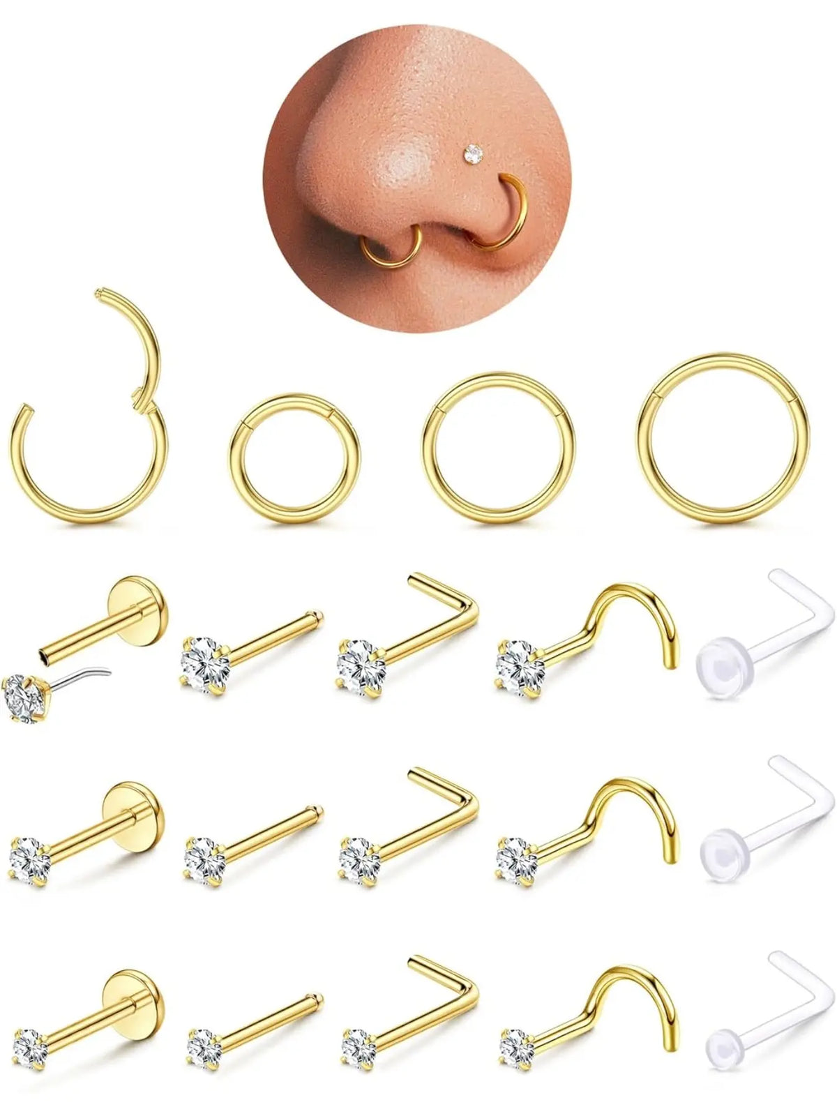 Gold Filled Nose Rings Set Studs Hoops for Women Men: Body Piercing Jewelry 20G 18G 316L Surgical Stainless Steel Hypoallergenic Dainty Simulated Diamond L Shaped/Corkscrew/Straight/Push Back Nostril Piercing Jewelry Septum Clicker Ring