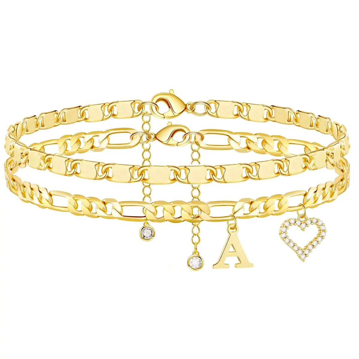 KissYan Women's Customized Dainty Gold Alphabet Ankle Bracelet - Iced Out Open Heart Charm, Figaro & Flat Link Chain, 2 CZ Pendant Drop, Cubic Zirconia, Trendy Accessory, Birthday Gift, Summer Vibe Costume Jewelry, Anklets for Women