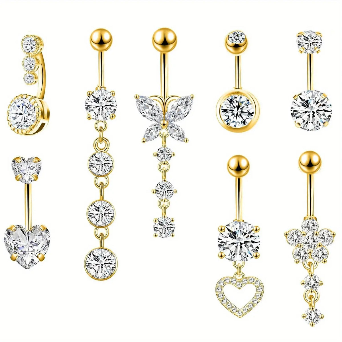 Women's 8-Piece Dangling Belly Button Rings Set, 14G 10mm Surgical Stainless Steel Navel Piercings with Flower/Heart Designs, Nickel-Free Non-Tarnish Cute Piercing Jewelry, 8pcs Style Mix Funky Unique Accessories, Lead‑Free Steel