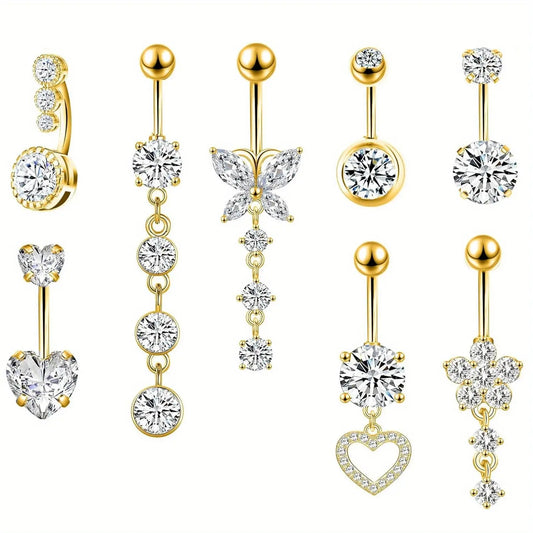 Women's 8-Piece Dangling Belly Button Rings Set, 14G 10mm Surgical Stainless Steel Navel Piercings with Flower/Heart Designs, Nickel-Free Non-Tarnish Cute Piercing Jewelry, 8pcs Style Mix Funky Unique Accessories, Lead‑Free Steel