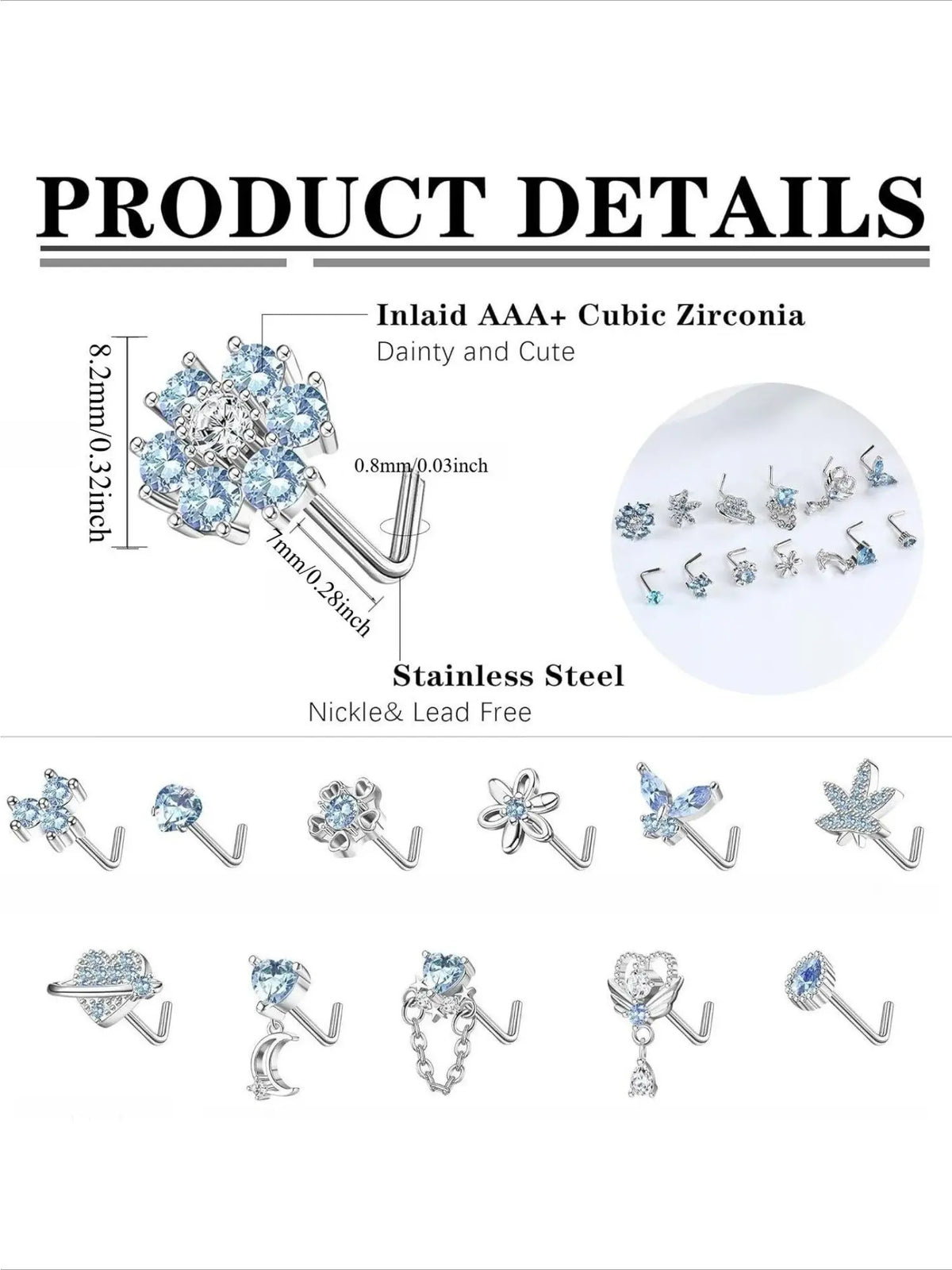 12 PCS 20G Nose Rings Stainless Steel, S/L Shaped Nose Studs for Women Men, CZ Heart Butterfly Flower Leaf Moon Dangle Cute Nose Piercings Studs Screw Jewelry Pink/Purple/Blue/Clear