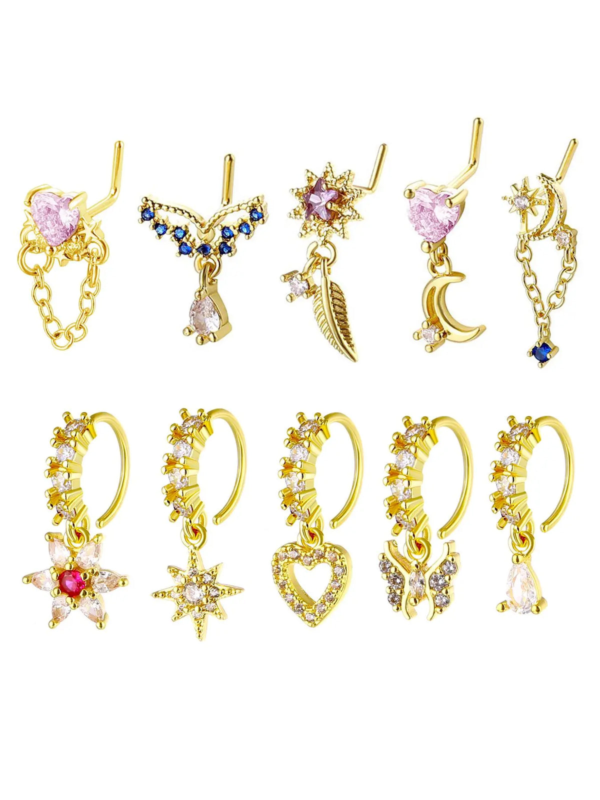 8/10/20 Pieces 20g Dangle Nose Ring, Nose Rings L Shaped, L-Shaped Hanging Stud, Stainless Steel, Cz Flower Pendant, Women's Nose Jewelry, All Seasons
