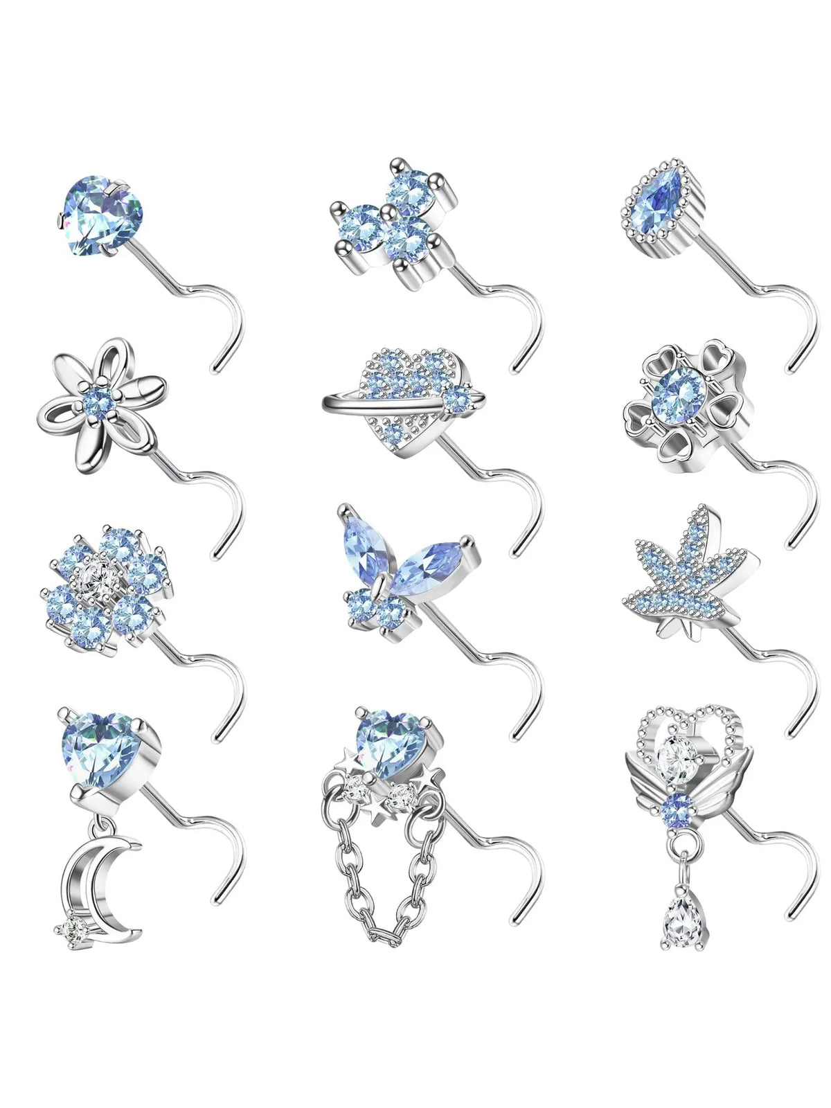 12 PCS 20G Nose Rings Stainless Steel, S/L Shaped Nose Studs for Women Men, CZ Heart Butterfly Flower Leaf Moon Dangle Cute Nose Piercings Studs Screw Jewelry Pink/Purple/Blue/Clear