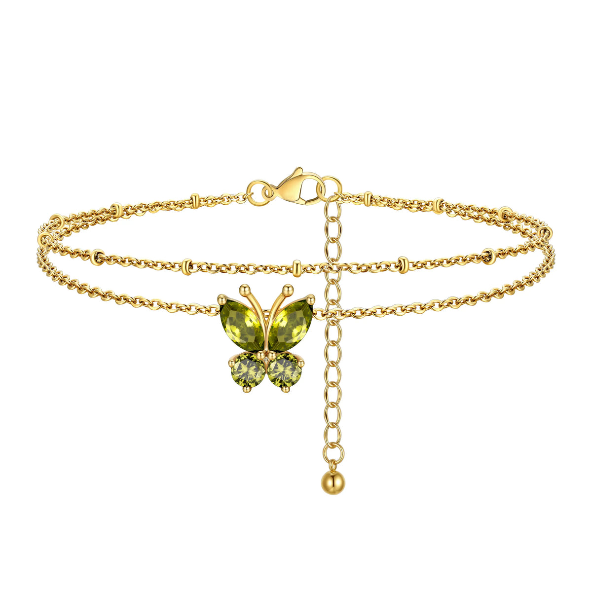 FindChic Women's Trendy Fashionable Accessories 2-Layered Non-Tarnish Tarnish-Proof Butterfly Birthstone Anklet, Zircon-Inlaid Cubic Zirconia Bling Jewellery for Adults, Summer Beach Daily Gift Ankle Bracelet