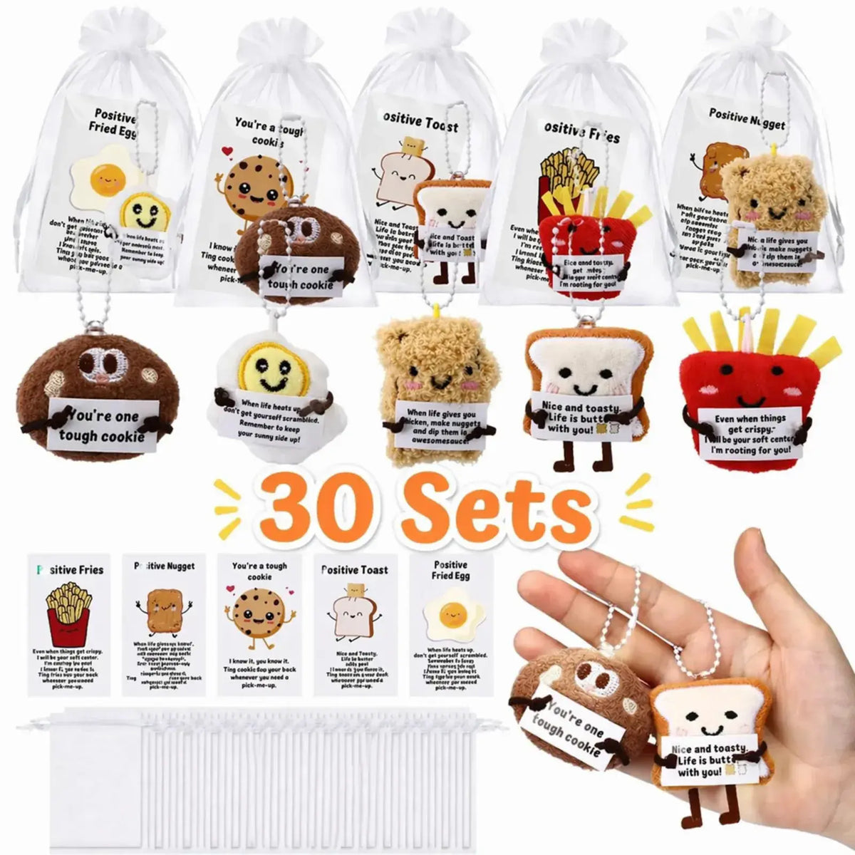 30 Sets Mini Plush Food Keychains with Motivational Pun Gift Cards - 10/24/30 Pack Mini Gifts, Inspirational Backpack Charms, Organza Bag-Included Pocket Favors, Classroom Rewards, Composition Notebook-Friendly Coworker Party Supplies, Cookie