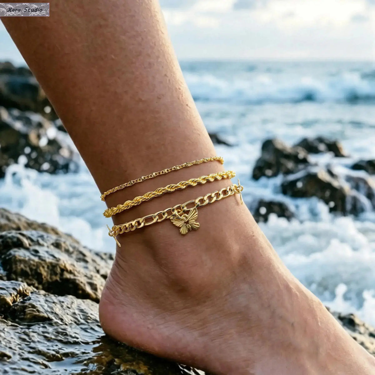 Women's Elegant Gold Layered Cuban Chain Link Anklet Set - Chic Motifs Heart Butterfly, Waterproof Beach Foot Chains, Dainty Stackable Ankle Bracelets, Summer Vacation Gift, Non-Tarnish Female Accessories for Women