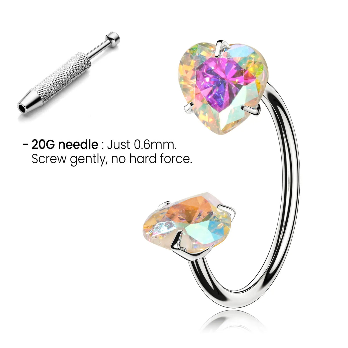20G Titanium Heart Gems Horseshoe Nose Ring Free Auxiliary Tool Ball Holder Included - Piercing Jewelry