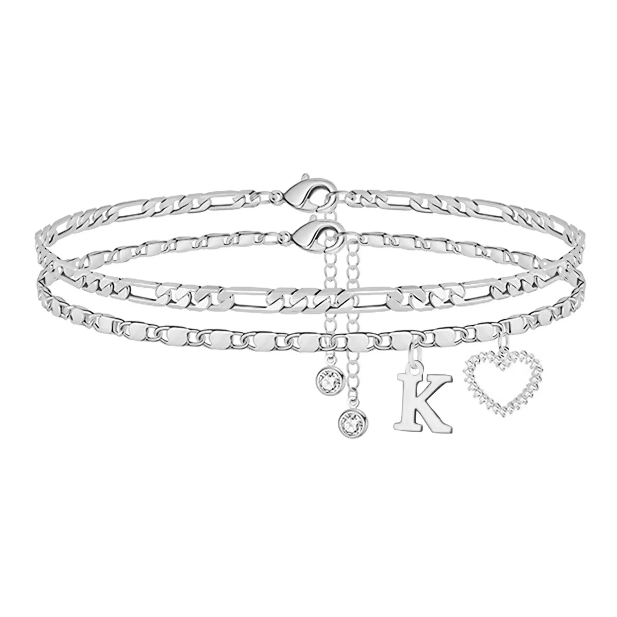 Women's Personalized Initial Alphabet Theme Anklet - Double Layer Gold Metal Coating Heart Charm, Adjustable Dainty Minimalist Stackable Chain, Aesthetic Alt Fashion Jewelry, Holiday Gift Idea, Fashion Accessories