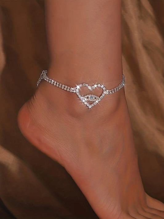 Trendy Heart Devil Eye Rhinestone Anklet, Sexy Full Diamond Beach Foot Jewelry, Versatile Shiny Sandal Accessory, Trendy Jewellery Accessories, Trendy Fashionable Accessories