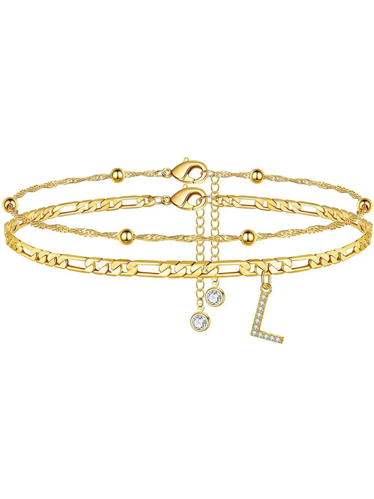 Ladies' ankle bracelet, exquisite layered chain CZ initials ankle chain, Anklets, summer jewelry gift, Elegant Accessory;Adjustable design, very suitable for women. It is a must-have item for summer and an ideal Valentine's Day gift.