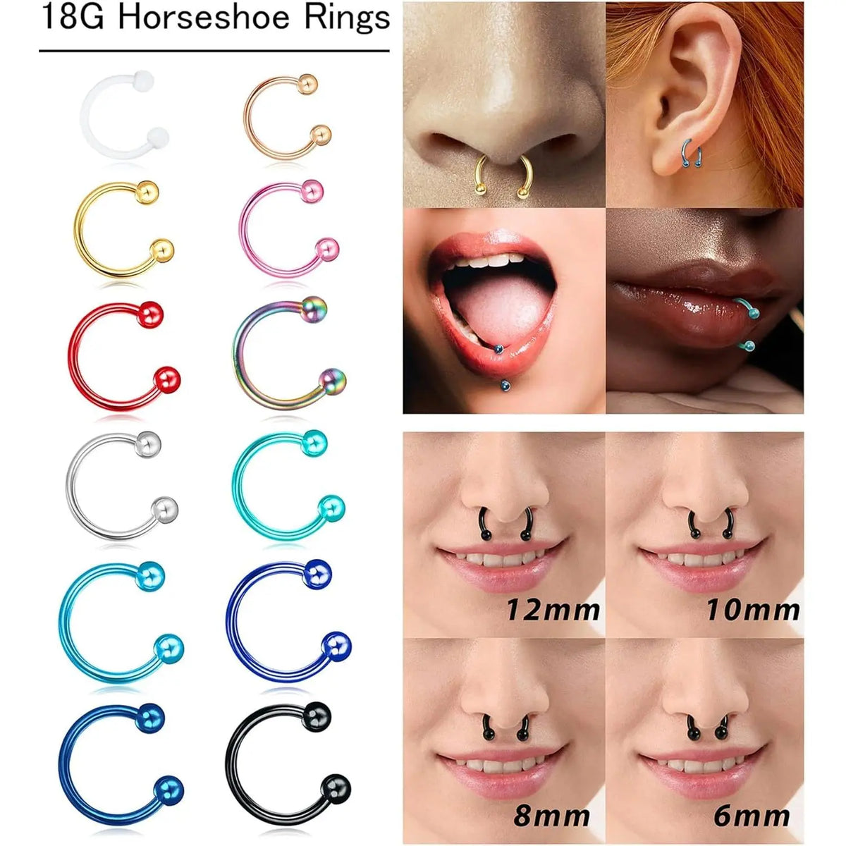 48-Piece Nose Piercing Kit for Women, 14G-18G 316L Stainless Steel Multi-Color Body Jewelry - Horseshoe Hoops, Helix Pierced Ring, Cartilage Stud, Eyebrow Ring, Rose Gold Unisex Septum Accessories