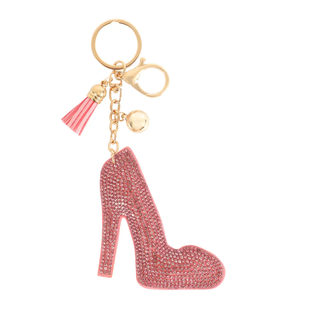 High Heels Rhinestone Tassel Keychain - Pink Glitter Shoe Charm with Gold Tone Hardware