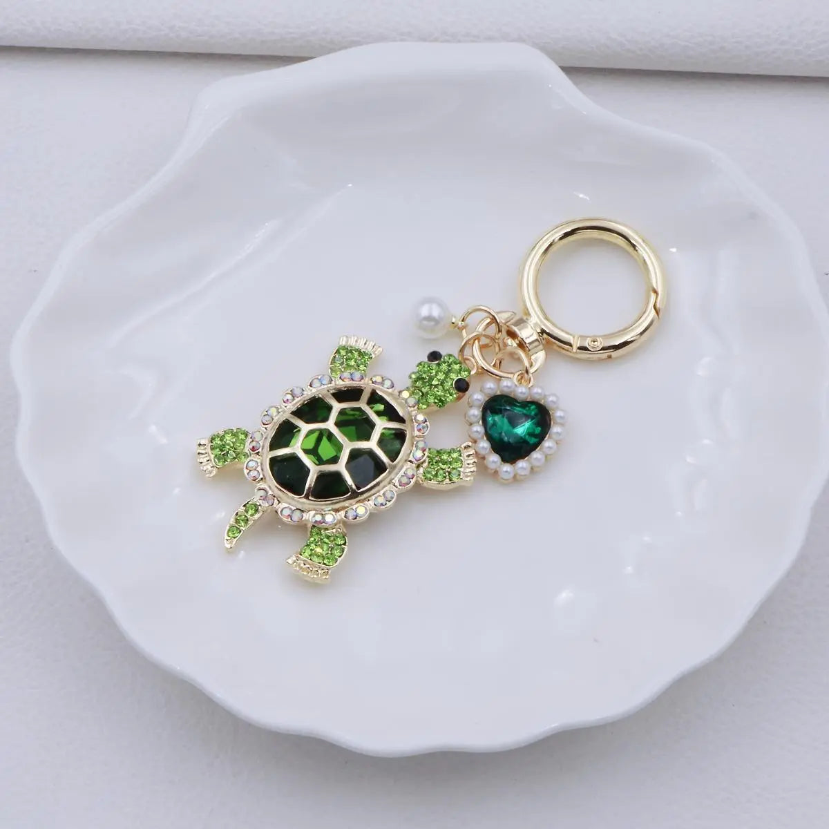 Women's Enameled Metal Cutecore Ocean Theme Charm Keychain - Kawaii Turtle Accessory with Pearl Accents, Bag Chain, Summer Beach Outfit Accent, Gifts for Women, Beachy Gift Idea