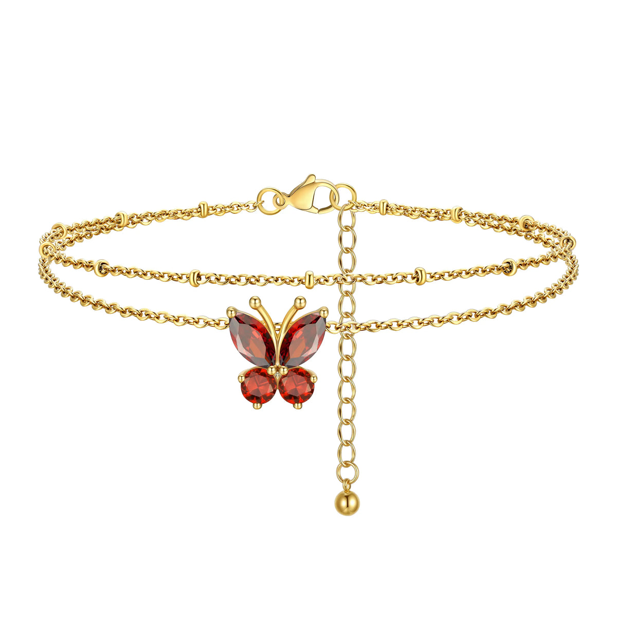 FindChic Women's Trendy Fashionable Accessories 2-Layered Non-Tarnish Tarnish-Proof Butterfly Birthstone Anklet, Zircon-Inlaid Cubic Zirconia Bling Jewellery for Adults, Summer Beach Daily Gift Ankle Bracelet