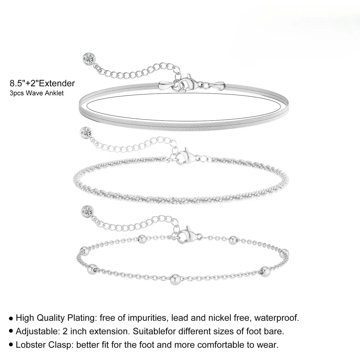 Silver Ankle Bracelets for Women,Dainty Layered Waterproof Anklet for Women Adjustable Sparkly Herringbone Beaded Rope Chain Set Stackable Cute Summer Beach Jewelry Gift
