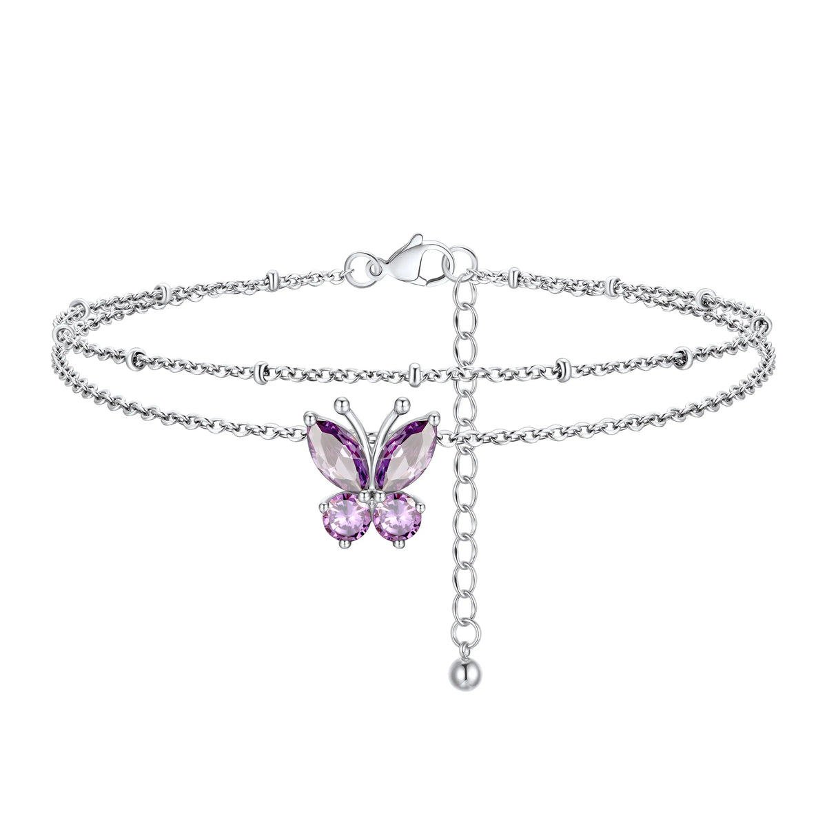 FindChic Women's Trendy Fashionable Accessories 2-Layered Non-Tarnish Tarnish-Proof Butterfly Birthstone Anklet, Zircon-Inlaid Cubic Zirconia Bling Jewellery for Adults, Summer Beach Daily Gift Ankle Bracelet