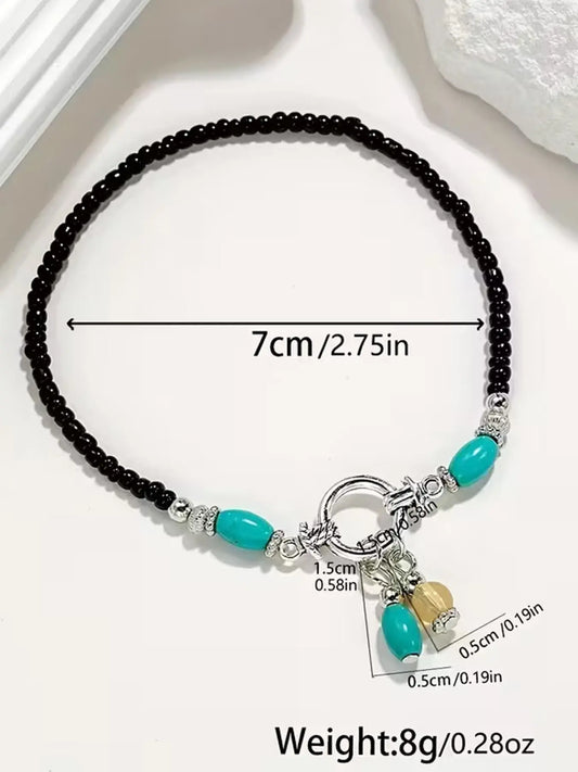1pc Retro Imitation Turquoise Blue Pendant Anklet, Fashionable Bohemian Single-layer Beaded Anklet, Suitable for Vacation Beach Style, Travel Fashion Items, Fashionable Accessory, Gifts for Ladies, Boho Anklet, Jewelry, Jewellery