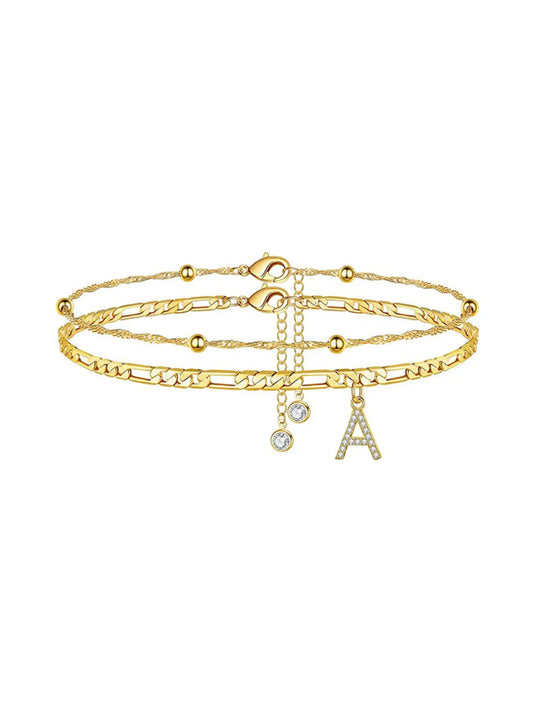 Ladies' ankle bracelet, exquisite layered chain CZ initials ankle chain, Anklets, summer jewelry gift, Elegant Accessory;Adjustable design, very suitable for women. It is a must-have item for summer and an ideal Valentine's Day gift.
