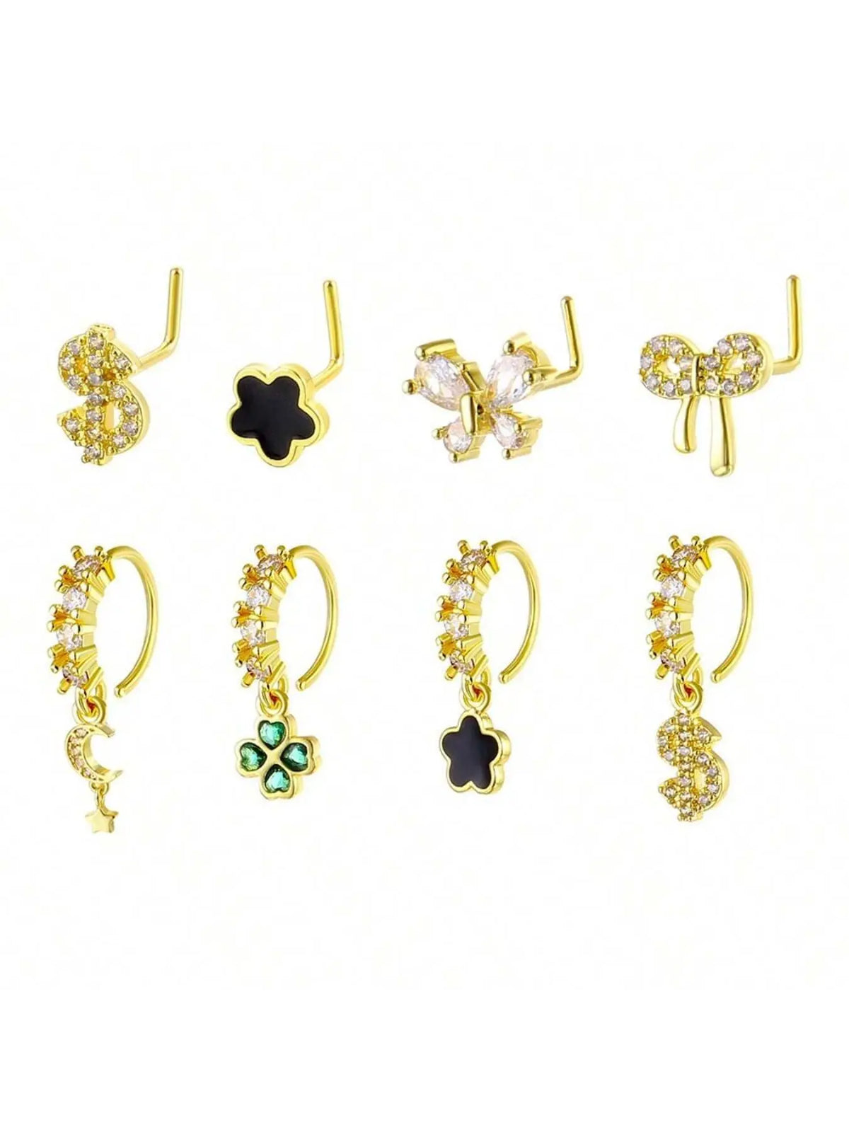 8/10/20 Pieces 20g Dangle Nose Ring, Nose Rings L Shaped, L-Shaped Hanging Stud, Stainless Steel, Cz Flower Pendant, Women's Nose Jewelry, All Seasons