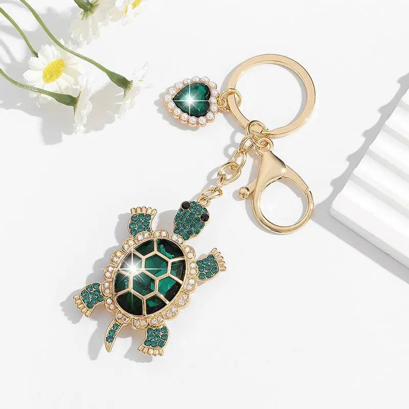 Women's Enameled Metal Cutecore Ocean Theme Charm Keychain - Kawaii Turtle Accessory with Pearl Accents, Bag Chain, Summer Beach Outfit Accent, Gifts for Women, Beachy Gift Idea