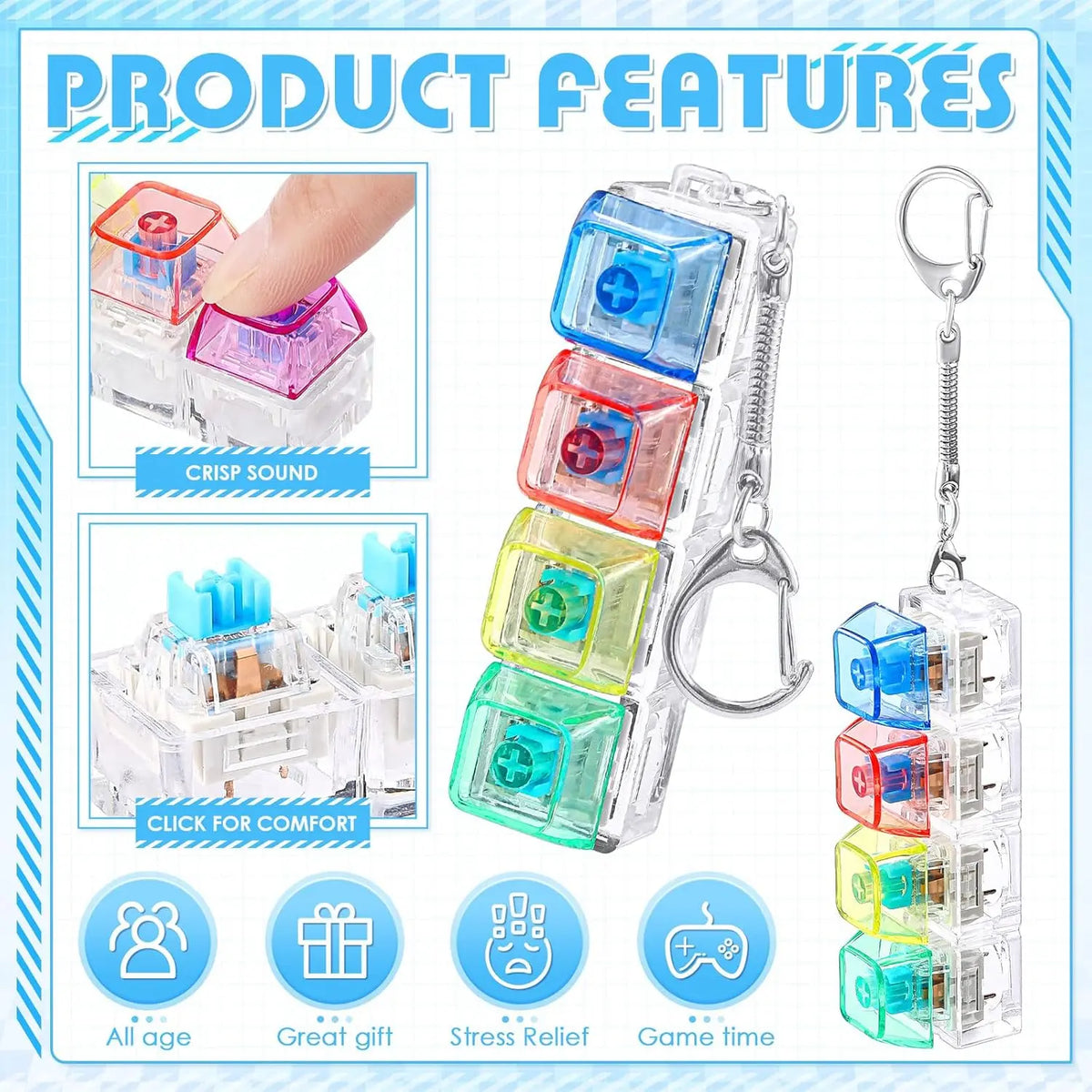 Transparent ABS Mechanical ASMR Clicker Fidget Keychain - Minimalist Design, Portable Sensory Gadget for Accessories Adults Stress Relief & Concentration, Keychain for Purse, Quirky Unisex Self-Care Gift