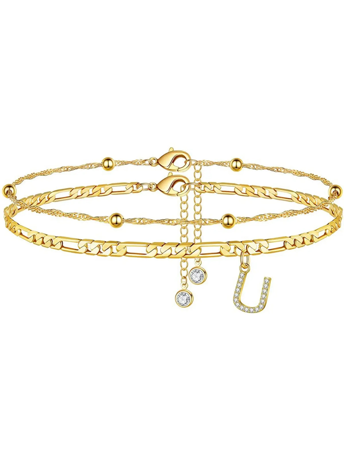 Ladies' ankle bracelet, exquisite layered chain CZ initials ankle chain, Anklets, summer jewelry gift, Elegant Accessory;Adjustable design, very suitable for women. It is a must-have item for summer and an ideal Valentine's Day gift.