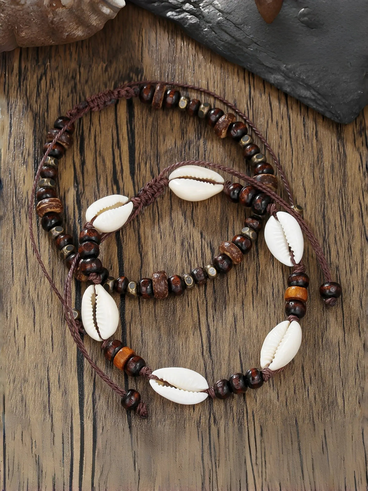 Boho Ethnic Shell Wood Bead Coconut Shell Beaded Anklet, Adjustable Woven Beach Vacation Bracelet, Men's Fashion Jewelry