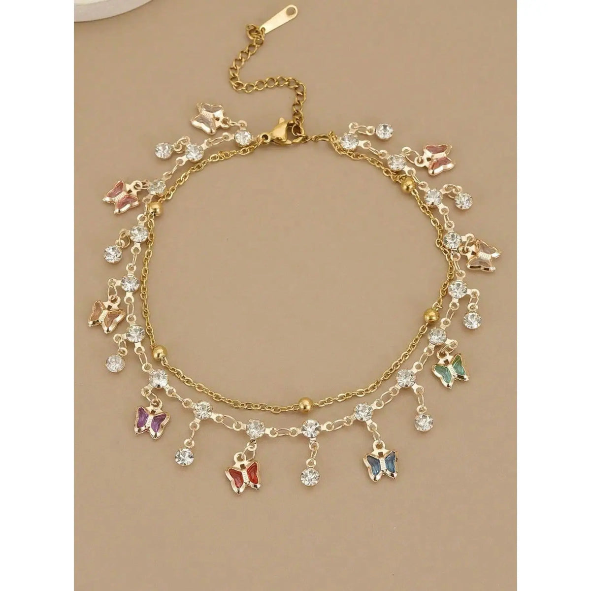 Women's Boho Layered Charm Anklet - Gold-Coated Metal Dainty Sparkling CZ Ankle Bracelet with Colorful Butterflies, Female Wear Fashion Chic Accessories with Boho Ankle Layers & Handmade Variation for Beach Weddings Summer
