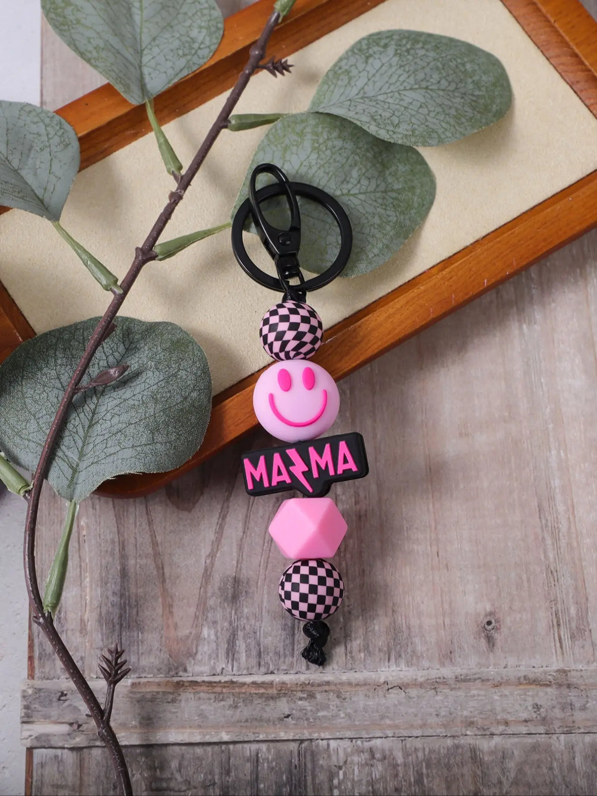 Boho Style Checkerboard Pattern Silicone Beaded Keychain, Cute Flower & Smile Face Charm, Fashion Accessories, Trendy Cute Keychain for Women & Men, Key Rings, Keyring